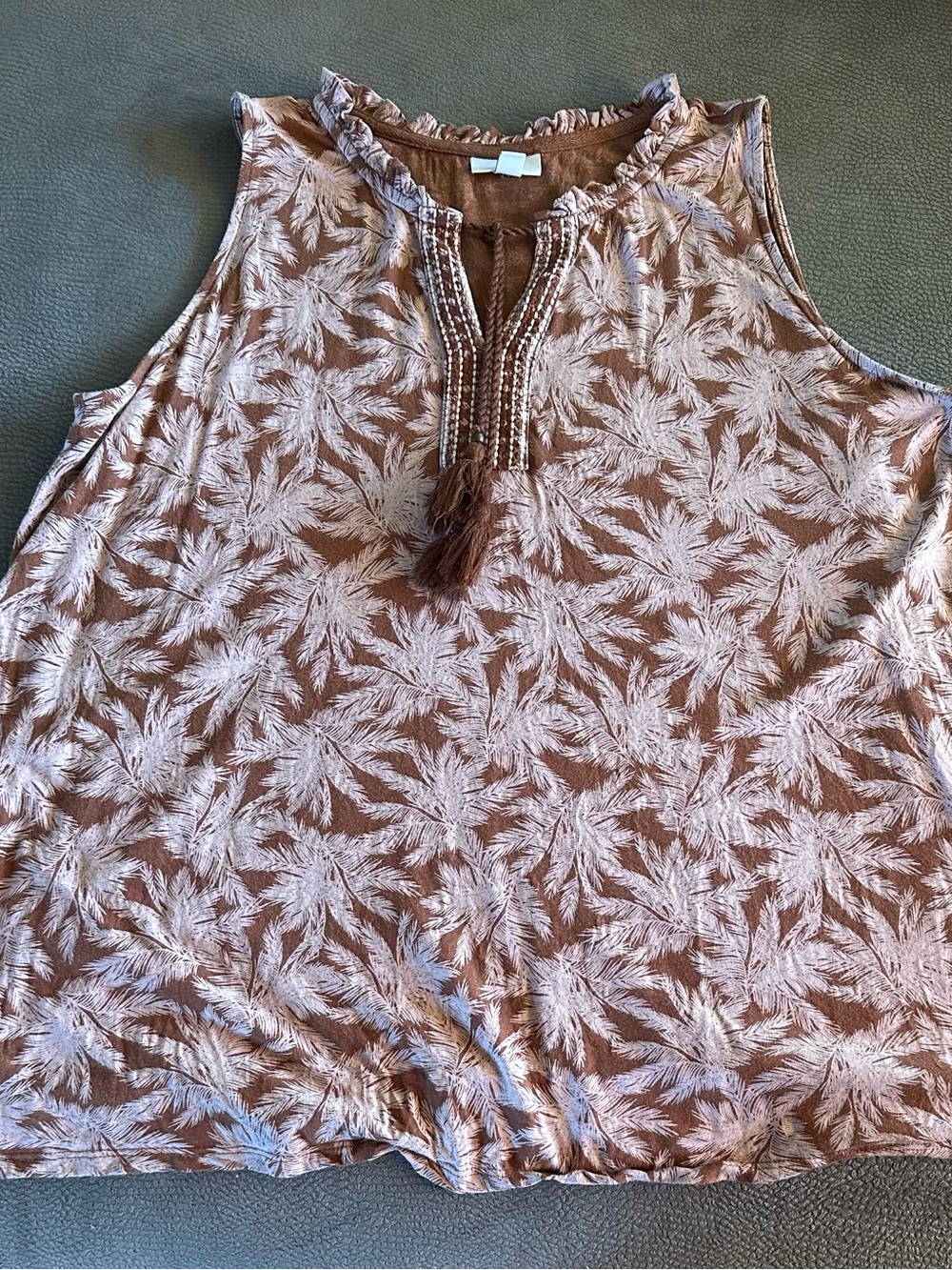 J Jill Sleeveless Tassel Front Printed Tank - Brown & Cream